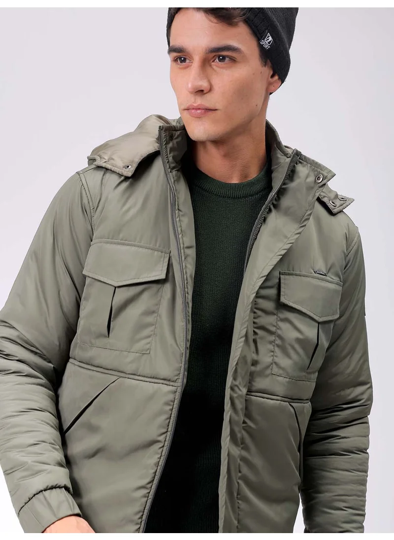 شركة المرآب الهندية Mens Olive Slim Fit Quilted Hooded Zipper Placket Flap Pocket Winter Jacket