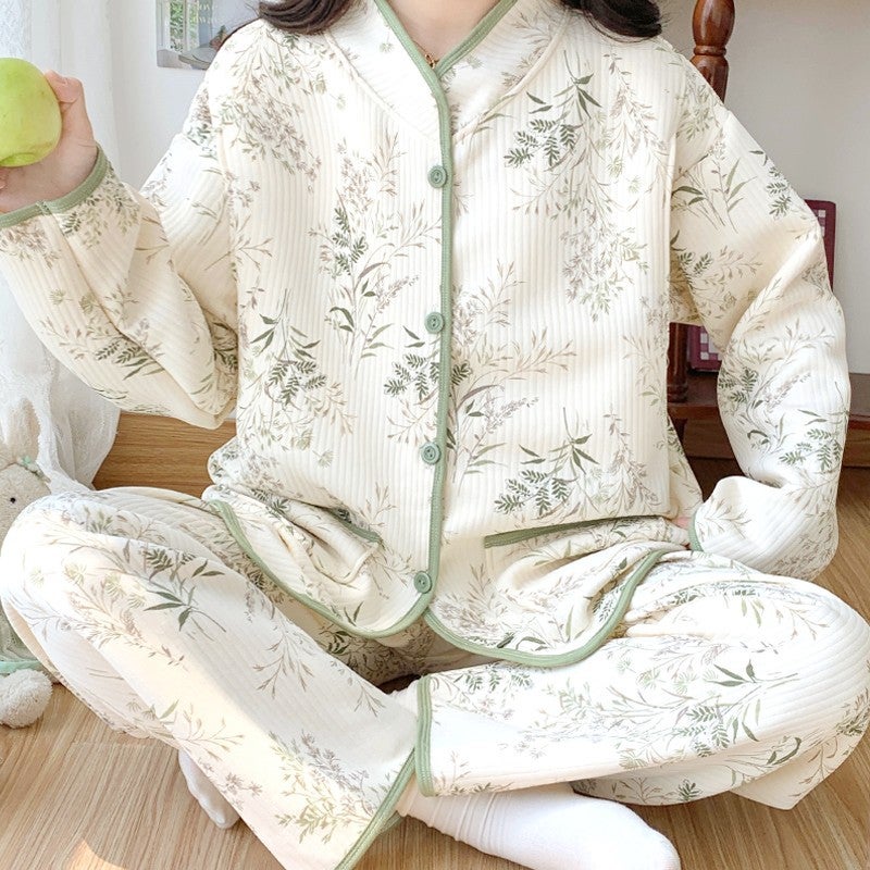 Lunar Clothing Spring and Autumn Air Cotton Thick Pregnant Womens Pajamas for Pregnant Women Winter Warm Postpartum Breastfeeding Clothing for Delivery 2501 painting leaves [with chest pad] 