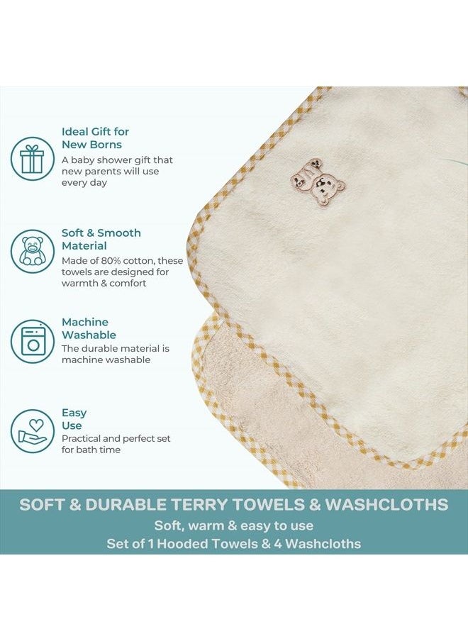 Spasilk Bath Hooded Towels & Washcloths Set for Babies, Hooded Terry Bath Towel & 4 Washcloths, Beige  - Image 4