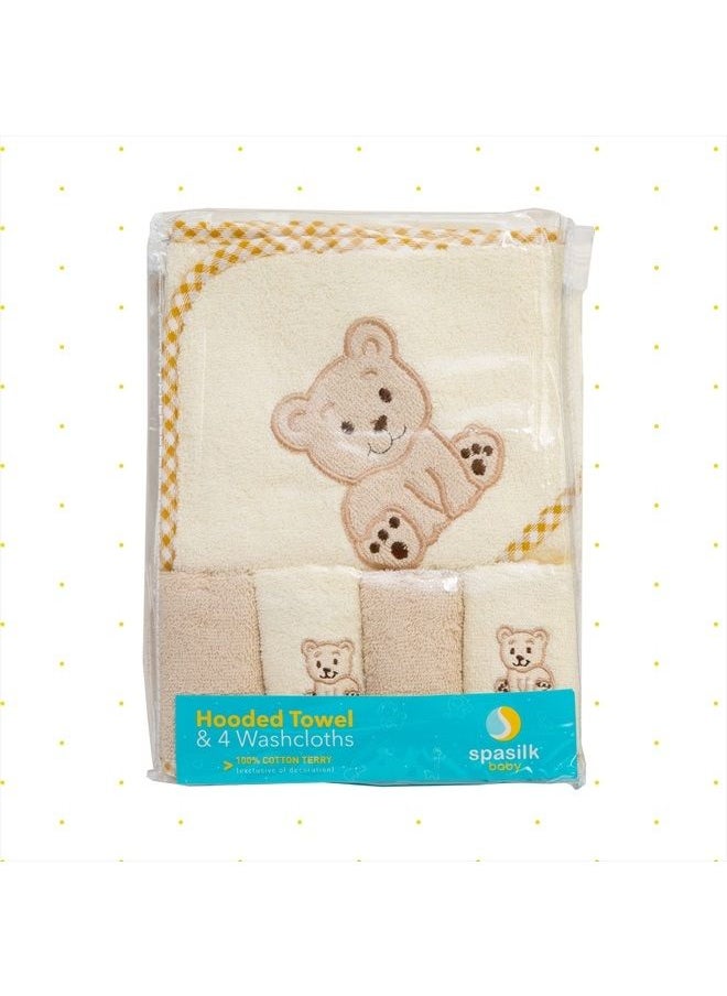 Spasilk Bath Hooded Towels & Washcloths Set for Babies, Hooded Terry Bath Towel & 4 Washcloths, Beige  - Image 3