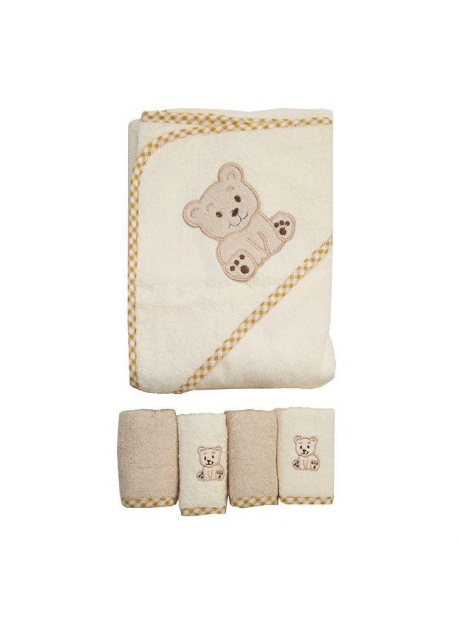Spasilk Bath Hooded Towels & Washcloths Set for Babies, Hooded Terry Bath Towel & 4 Washcloths, Beige  - Image 1