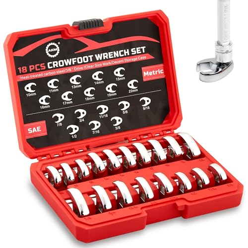 AKM 3/8" Drive Crowfoot Wrench Set, 18-Piece Cr-v Steel Flare Nut Wrench Set, 6 Point Flare Nut Crowfoot, Fully Polished Clear Mark SAE 3/8"-7/8" & Metric 10-22mm with Organizer Box - Image 1
