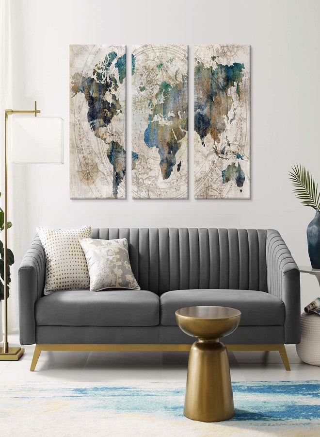 Goldfoilart لوحة جدارية كبيرة من قماش خريطة العالم العتيقة من Goldfoilart، لون أزرق مخضر، مناسبة لتزيين غرفة المعيشة، غرفة النوم، المكتب، والمطبخ، مقاس 16 بوصة × 32 بوصة × 3 قطع - Image 4
