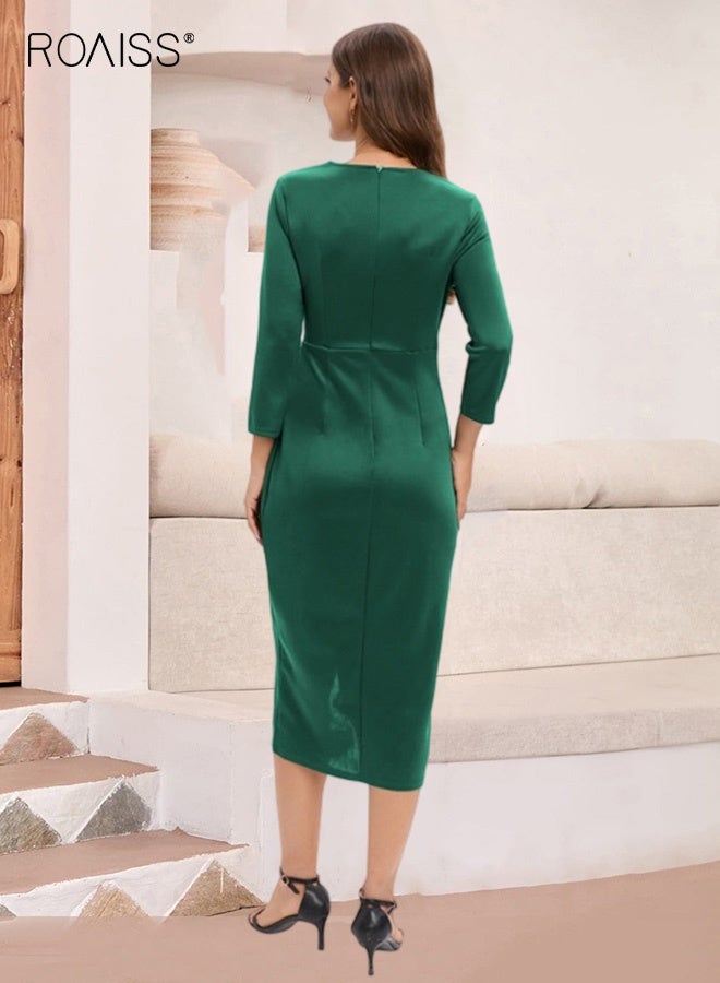 roaiss Slimming Vintage Dress for Women Three Quarter Sleeve Crew Neck Paneled Midi Dress with High Slit Elegant Figure Flattering Design Chic Retro Sheath Dress Green - Image 2