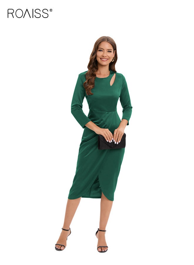 roaiss Slimming Vintage Dress for Women Three Quarter Sleeve Crew Neck Paneled Midi Dress with High Slit Elegant Figure Flattering Design Chic Retro Sheath Dress Green - Image 5