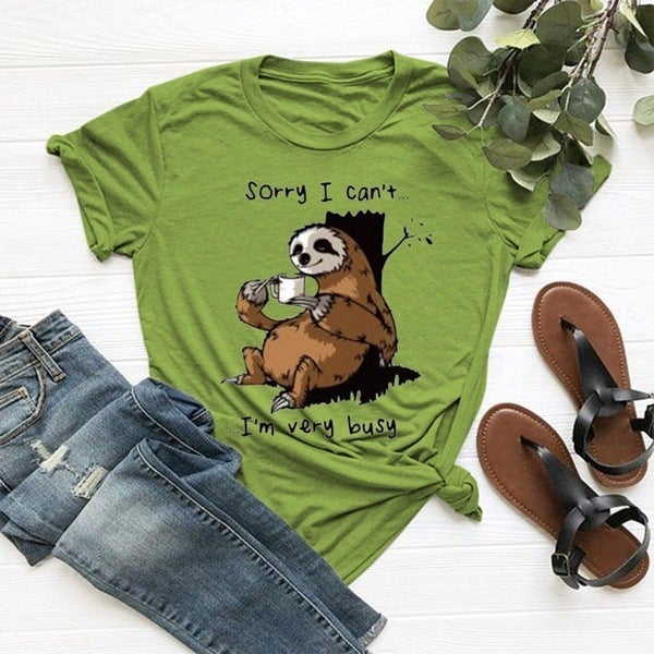 2023 New Cartoon Sloth Pattern Womens Printed T-Shirt AliExpress EBAY Amazon Short Sleeve Yellow pattern