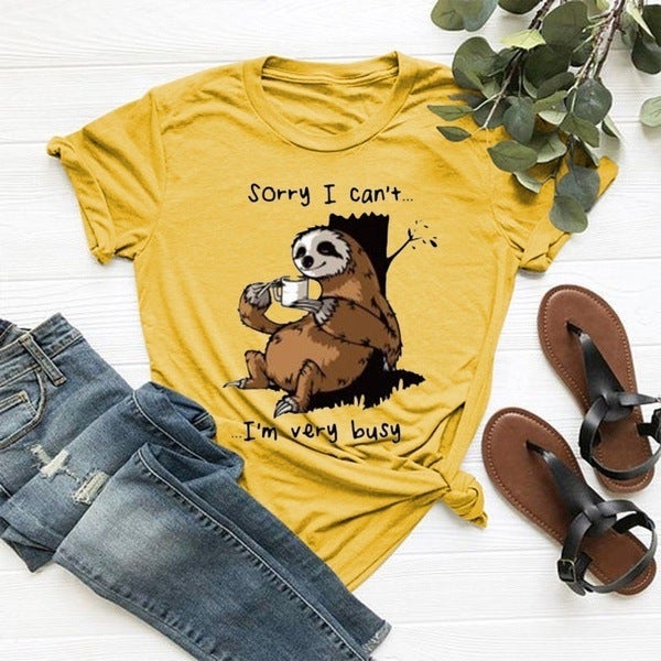 2023 New Cartoon Sloth Pattern Womens Printed T-Shirt AliExpress EBAY Amazon Short Sleeve Yellow pattern