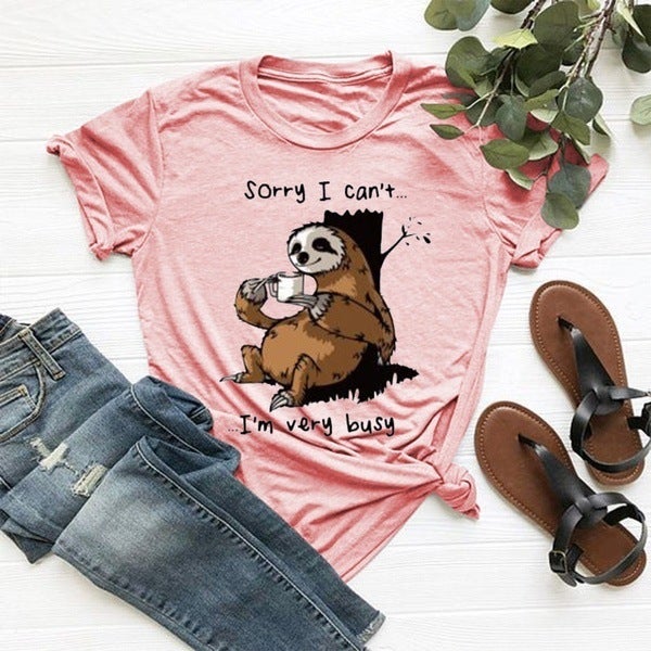 2023 New Cartoon Sloth Pattern Womens Printed T-Shirt AliExpress EBAY Amazon Short Sleeve Yellow pattern