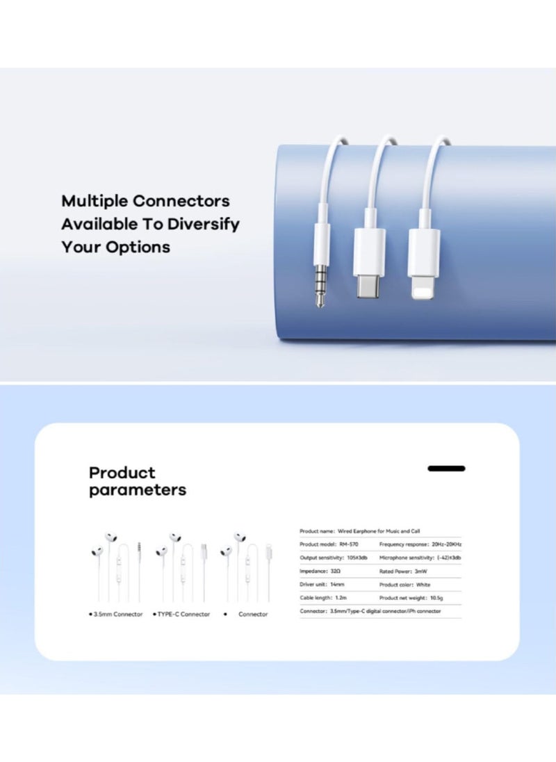 Remax Mena - Wired Earphone With Mic Music And Call Headphone, Semi-in-ear Design, Fits Comfortably and Securely in Ear, Durable and Long-Lasting Material, Iphn/Cable - White - Image 1