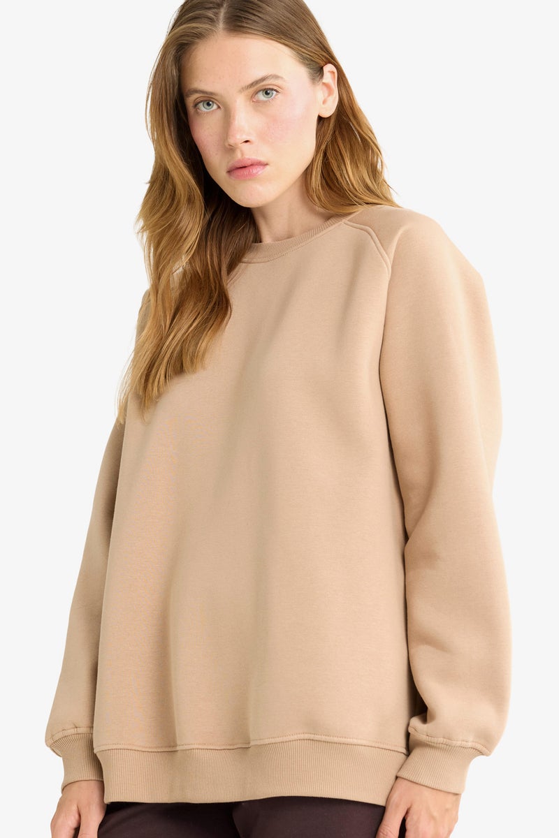 DeFacto Beige Woman Oversize Fit Crew Neck Sweat Shirt Casual - Image 1