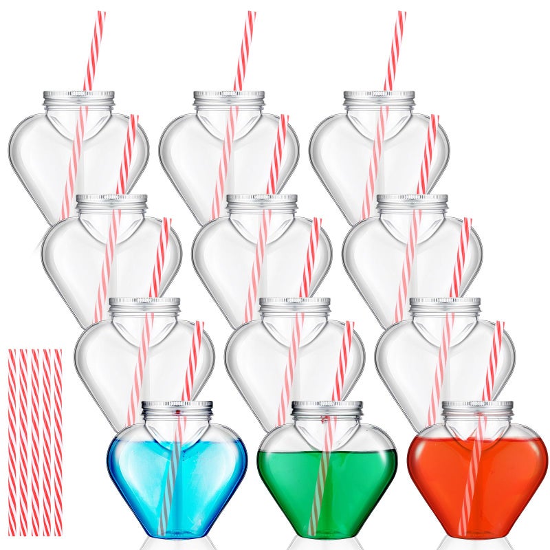 Willinglong 10 oz Valentine's Day Heart Shaped Cups with Lids and Straws Plastic Heart Drink Bottle Clear Plastic Tumblers Clear Drinking Cocktail Cups for Valentine's Day Birthday Party (12 Pcs) - Image 1