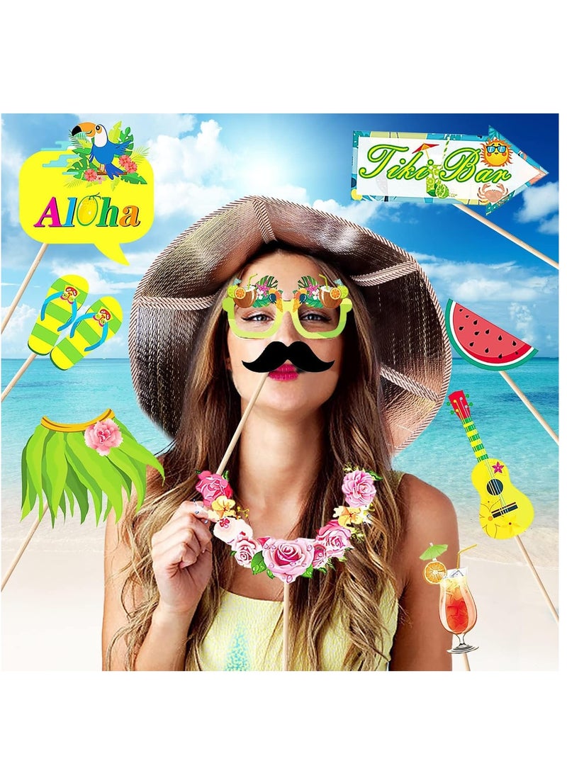 Excefore 33PCS Luau Photo Booth Props, Hawaiian Party Booth Props, Tropical/Tiki/Summer Pool Party Decorations/Luau Themed Birthday Party Supplies (Assembly Required) - Image 2