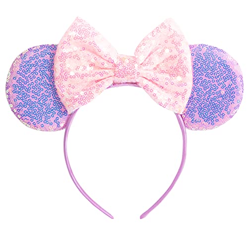 CHuangQi Mouse Ears Headbands with Shiny Bow Doublesided Sequins Glitter Hair Band for Birthday Party Celebration or Event XC5 - Image 1