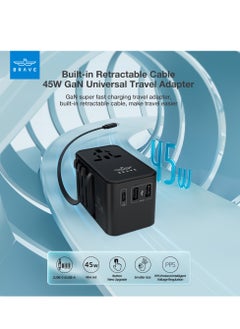 Brave Universal Travel Adapter GaN 3 45W Charger with 1*USB-C + 2*USB-A PD Fast Charging Adaptor, with Built-in Type C Cable for iPhone 15Pro/Max, MacBook, Hair Dyer, and More USA/UK/EU/AUS Plug (2500W Max)  - Image 2