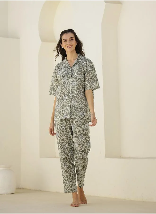 سانسكريتي هومز Floral Printed Cotton Shirt and Pyjama Set