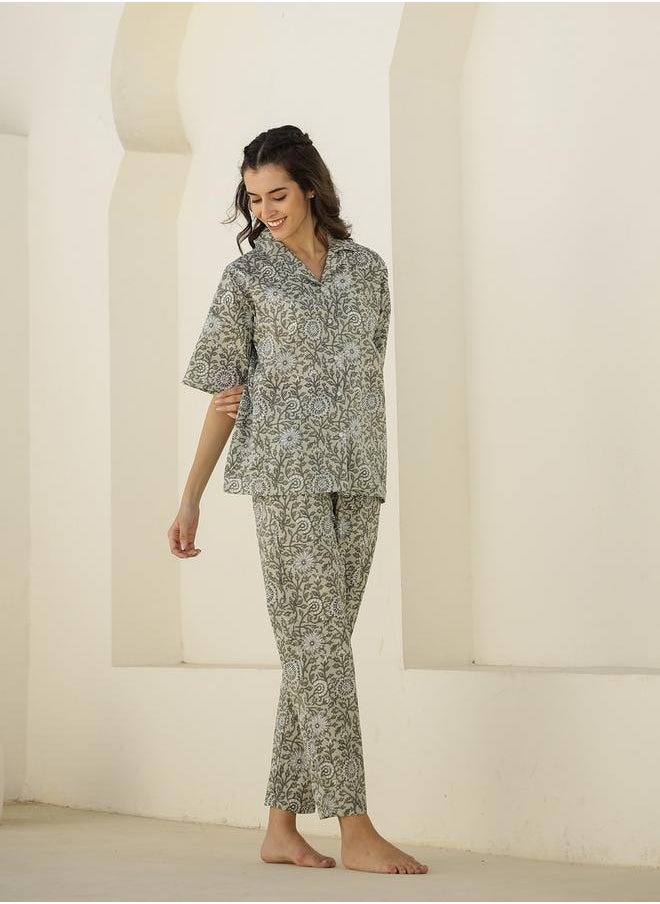 sanskrutihomes Floral Printed Cotton Shirt and Pyjama Set by Styli  - Image 4