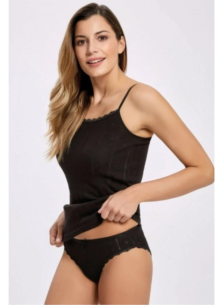 Tutku 6 Pieces Black Color Jacquard Rope Suspended Singlet