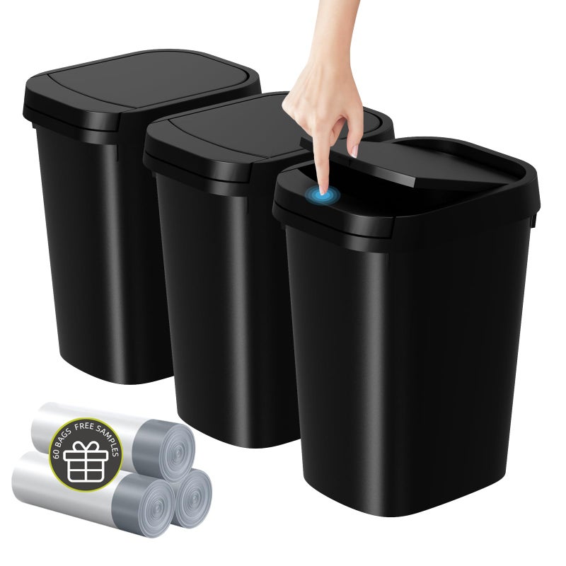 KSSKSS 3 Pack Bathroom Small Trash Can with Lid 26 Gallon Slim Garbage Bin with PopUp Lid 10L Plastic Wastebasket for Bedroom Office Kitchen Toilet Matte Black - Image 2
