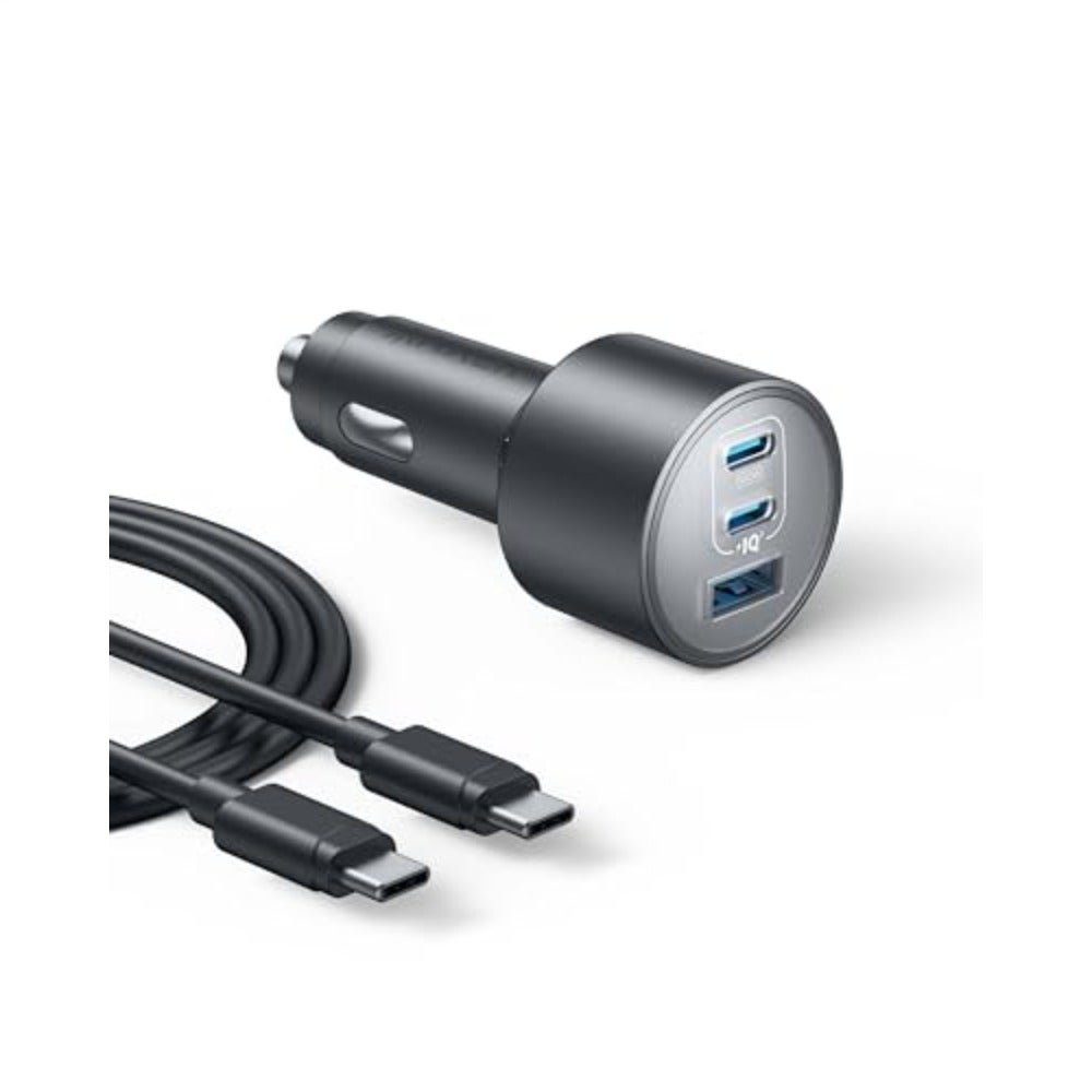 Car charger for fast charging, aluminum alloy body, black color, ultra-compact design with 167.5W max 3-port USB-C output