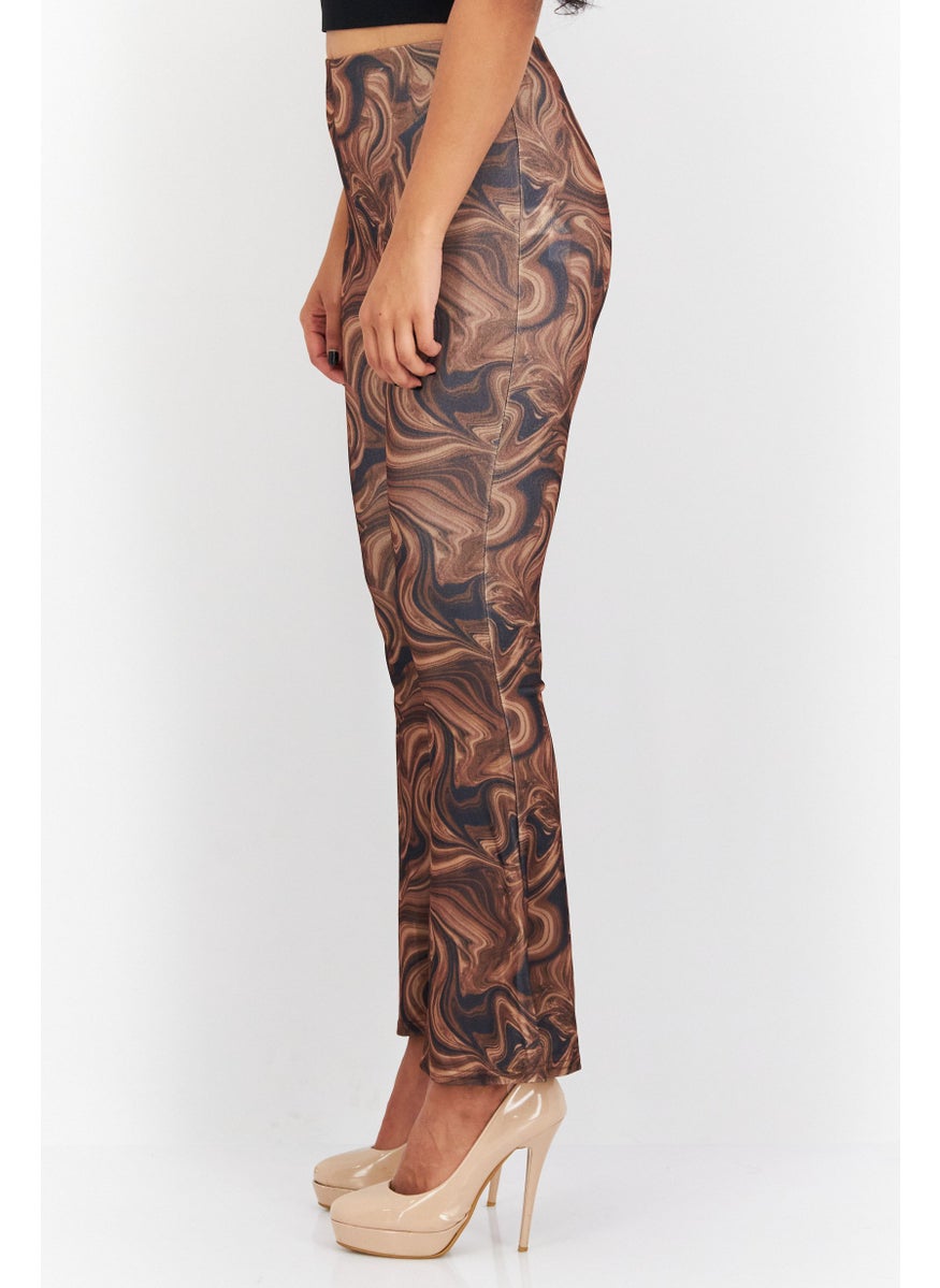 NEW LOOK Women Petite Marble Print Pull-On Flare Leg Pants, Brown Combo  - Image 4