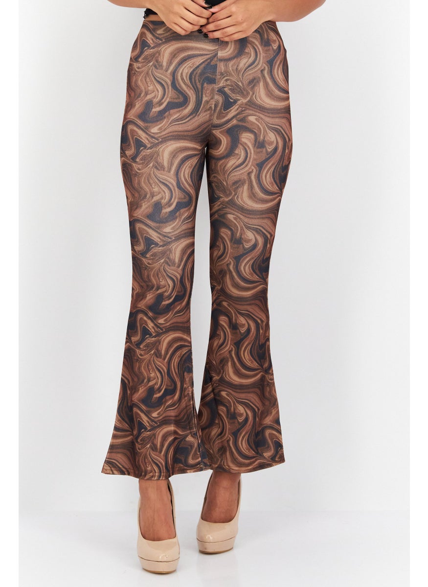NEW LOOK Women Petite Marble Print Pull-On Flare Leg Pants, Brown Combo  - Image 1