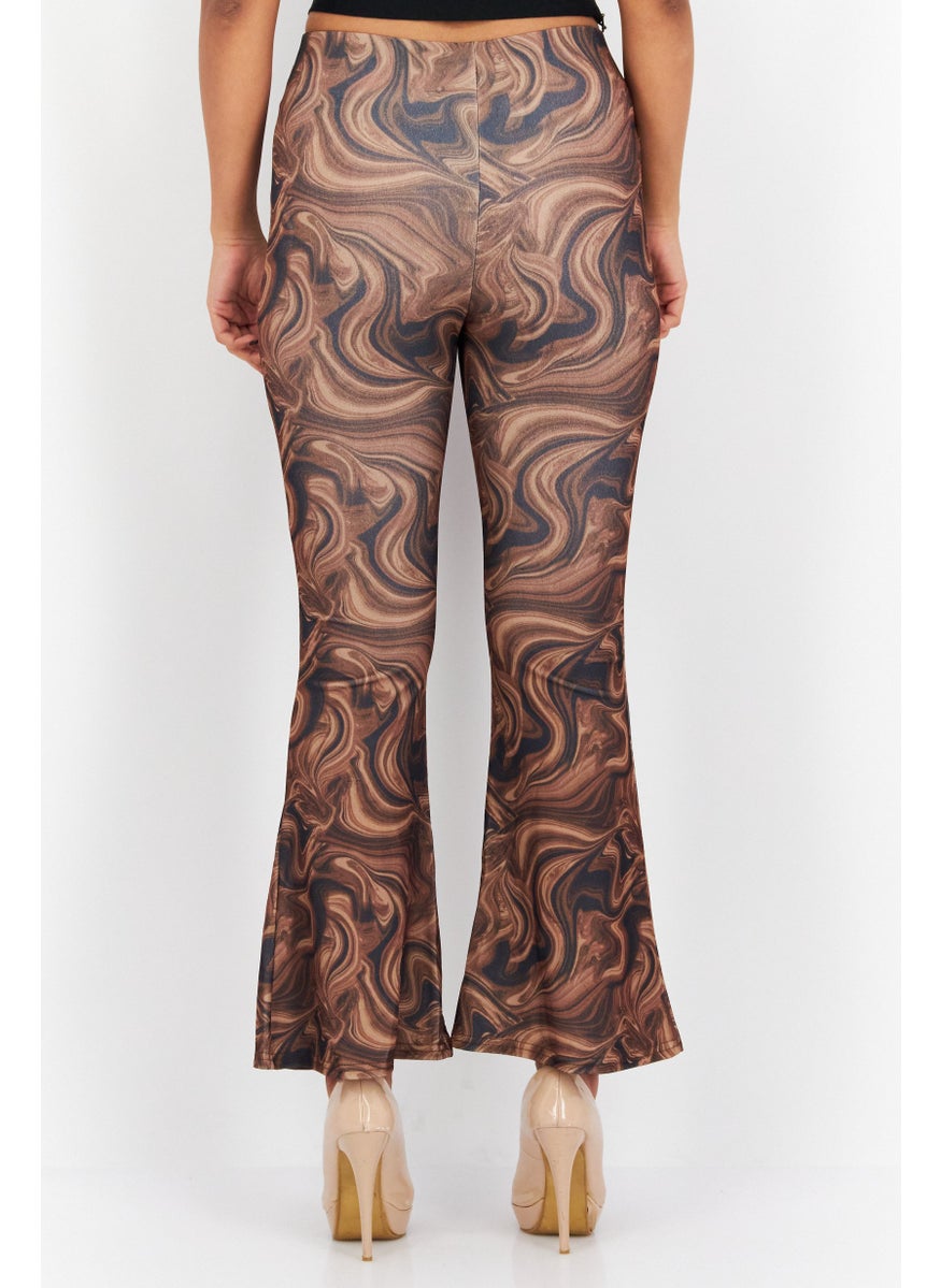 NEW LOOK Women Petite Marble Print Pull-On Flare Leg Pants, Brown Combo  - Image 2