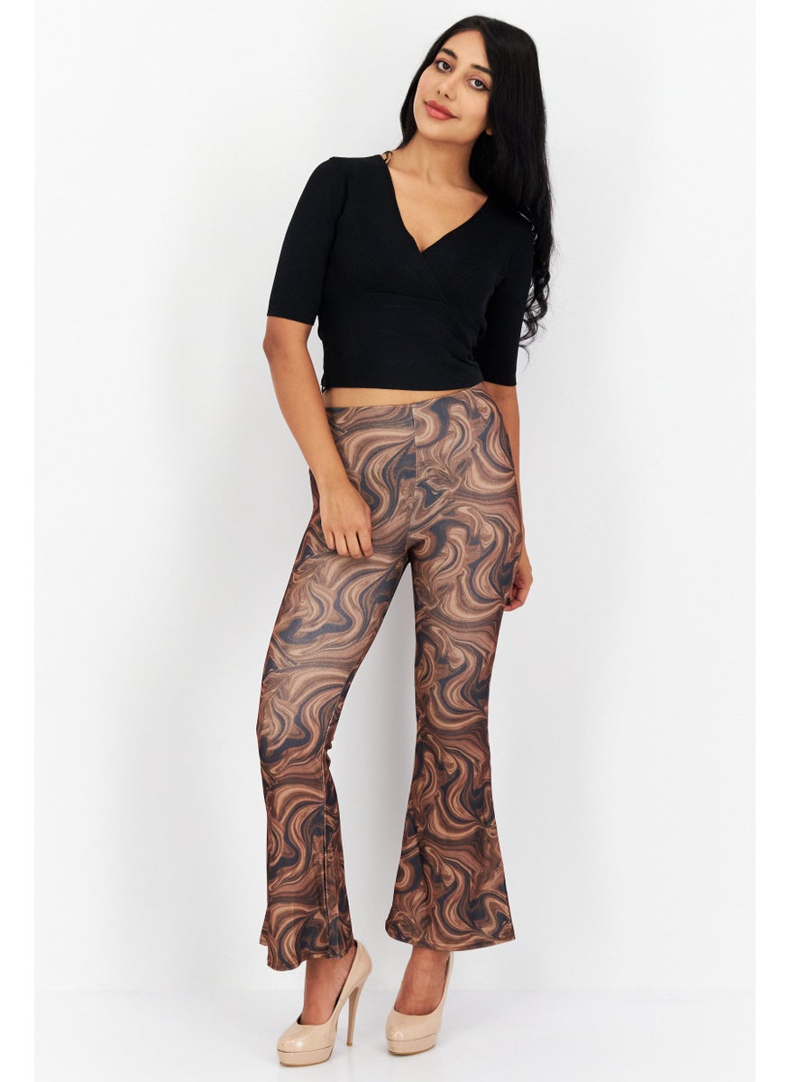 NEW LOOK Women Petite Marble Print Pull-On Flare Leg Pants, Brown Combo  - Image 3