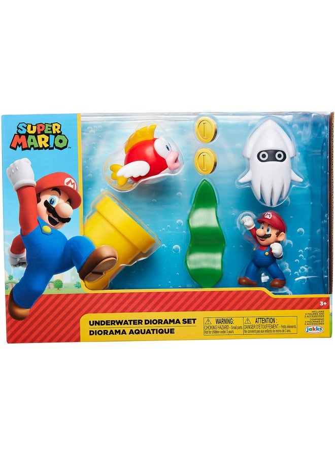 Nintendo مجموعة لعب ديوراما نينتندو سوبر ماريو تحت الماء 2.5" مع شخصيات: ماريو، تشيب-تشيب، بلوبير، أنبوب الحرب الميكانيكي، نبات الماء الدوار وقطعتين نقديتين - Image 1