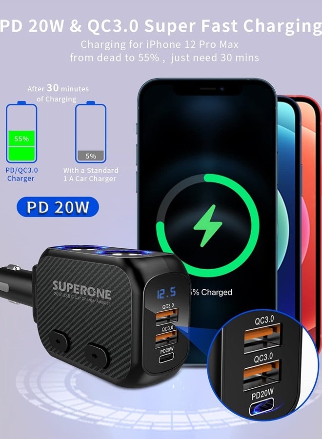 SUPERONE 180W Cigarette Lighter Splitter with 20W PD, 2-Socket Cigarette Lighter Adapter, Fast USB C Car Charger with Type-C 20W PD & QC 3.0 for Dash Cam, GPS, Laptop/iPad/iPhone 14/13/12/11/X/Samsung - Image 2