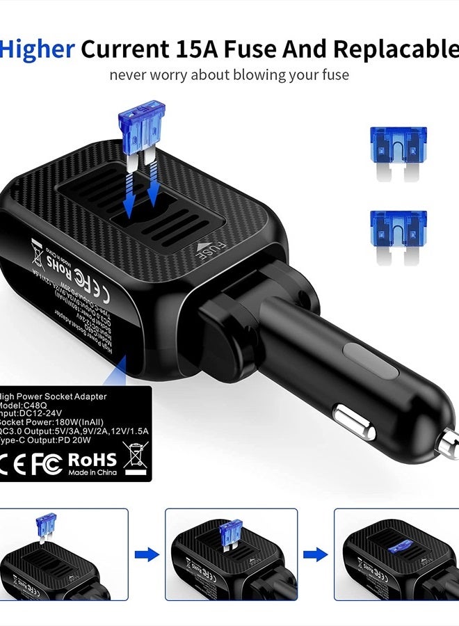 SUPERONE 180W Cigarette Lighter Splitter with 20W PD, 2-Socket Cigarette Lighter Adapter, Fast USB C Car Charger with Type-C 20W PD & QC 3.0 for Dash Cam, GPS, Laptop/iPad/iPhone 14/13/12/11/X/Samsung - Image 5