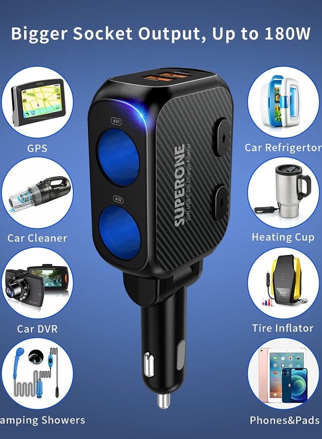 SUPERONE 180W Cigarette Lighter Splitter with 20W PD, 2-Socket Cigarette Lighter Adapter, Fast USB C Car Charger with Type-C 20W PD & QC 3.0 for Dash Cam, GPS, Laptop/iPad/iPhone 14/13/12/11/X/Samsung - Image 3
