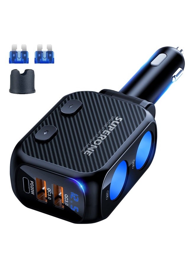 SUPERONE 180W Cigarette Lighter Splitter with 20W PD, 2-Socket Cigarette Lighter Adapter, Fast USB C Car Charger with Type-C 20W PD & QC 3.0 for Dash Cam, GPS, Laptop/iPad/iPhone 14/13/12/11/X/Samsung - Image 1