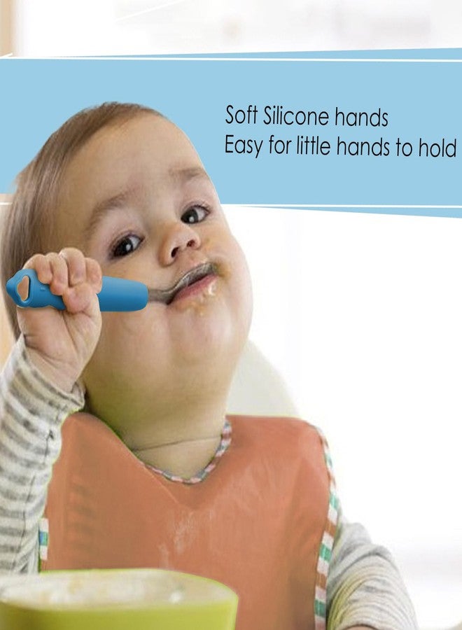 Cubkins Steel Spoon & Fork Set for Feeding Babies with Soft Silicone Handle | Non Toxic, Food Safe and BPA Free | Washable and Reusable (Blue Olive) - Image 4