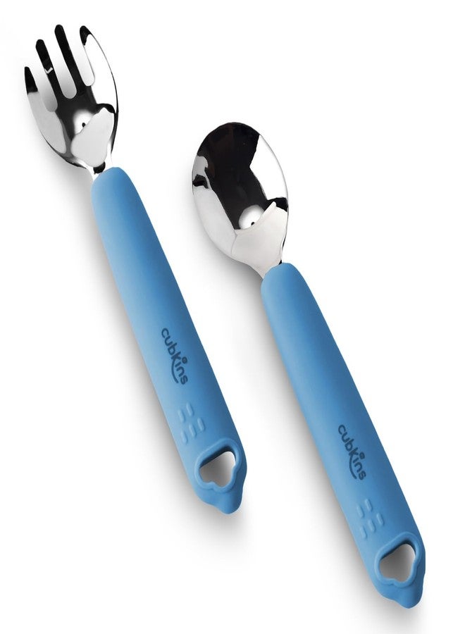 Cubkins Steel Spoon & Fork Set for Feeding Babies with Soft Silicone Handle | Non Toxic, Food Safe and BPA Free | Washable and Reusable (Blue Olive) - Image 1