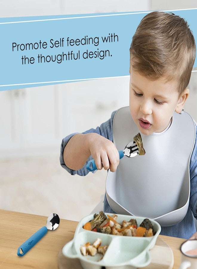 Cubkins Steel Spoon & Fork Set for Feeding Babies with Soft Silicone Handle | Non Toxic, Food Safe and BPA Free | Washable and Reusable (Blue Olive) - Image 2