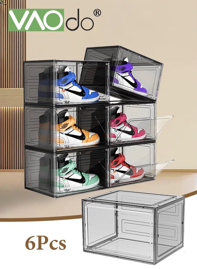 VAOdo 6 Pack X-Large Clear Shoe Boxes Stackable Plastic Shoe Organizer,Thicken & Sturdy Shoe Storage Box with Magnetic Door, Drop Front Shoe Box For Display Sneakers Clear Black - Image 1