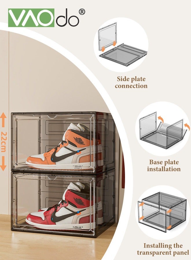 VAOdo 6 Pack X-Large Clear Shoe Boxes Stackable Plastic Shoe Organizer,Thicken & Sturdy Shoe Storage Box with Magnetic Door, Drop Front Shoe Box For Display Sneakers Clear Black - Image 3