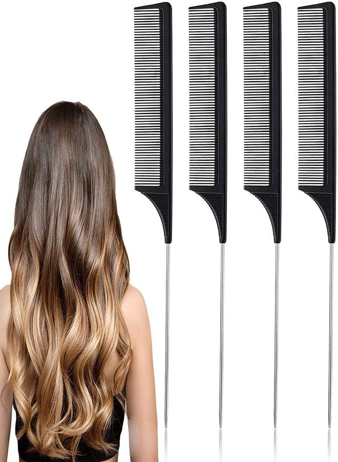 Maple Rat Tail Comb Steel Pin Rat Tail Black Carbon Teasing Lifting Styling Combs with Stainless Steel Pintail for Hair Salon or Home Supplies for Men | Women Unisex (Pack Of 4) - Image 1