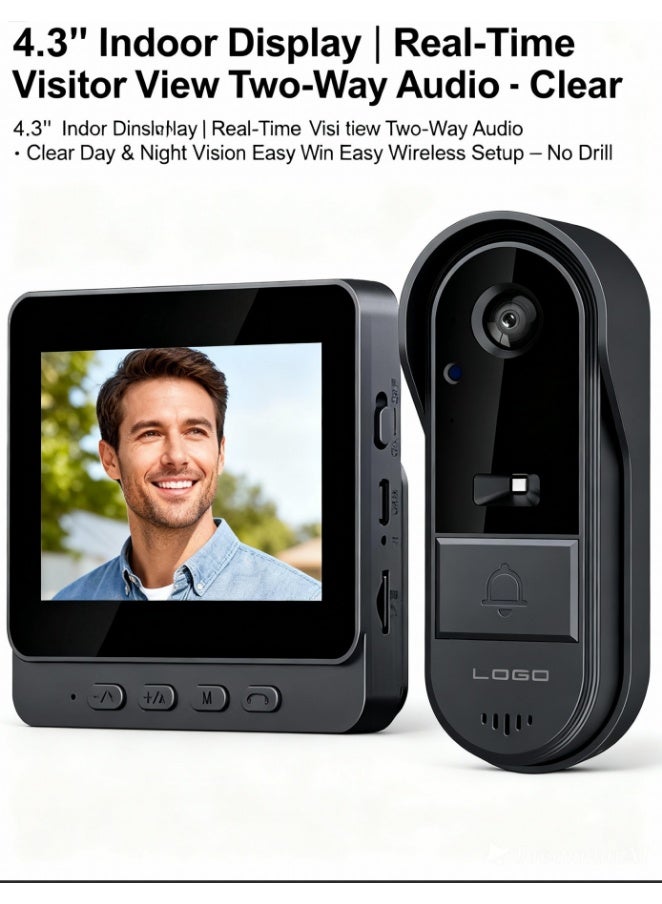 robotgcc Smart Wireless Video Doorbell with Indoor Display | 4.3" IPS Screen, Two-Way Audio, Wide-Angle Visitor View, Motion Alert Reminder, Weather-Resistant Design, Long Battery Standby, Secure Home Entry Assistant for Apartments & Houses | Black - Image 1