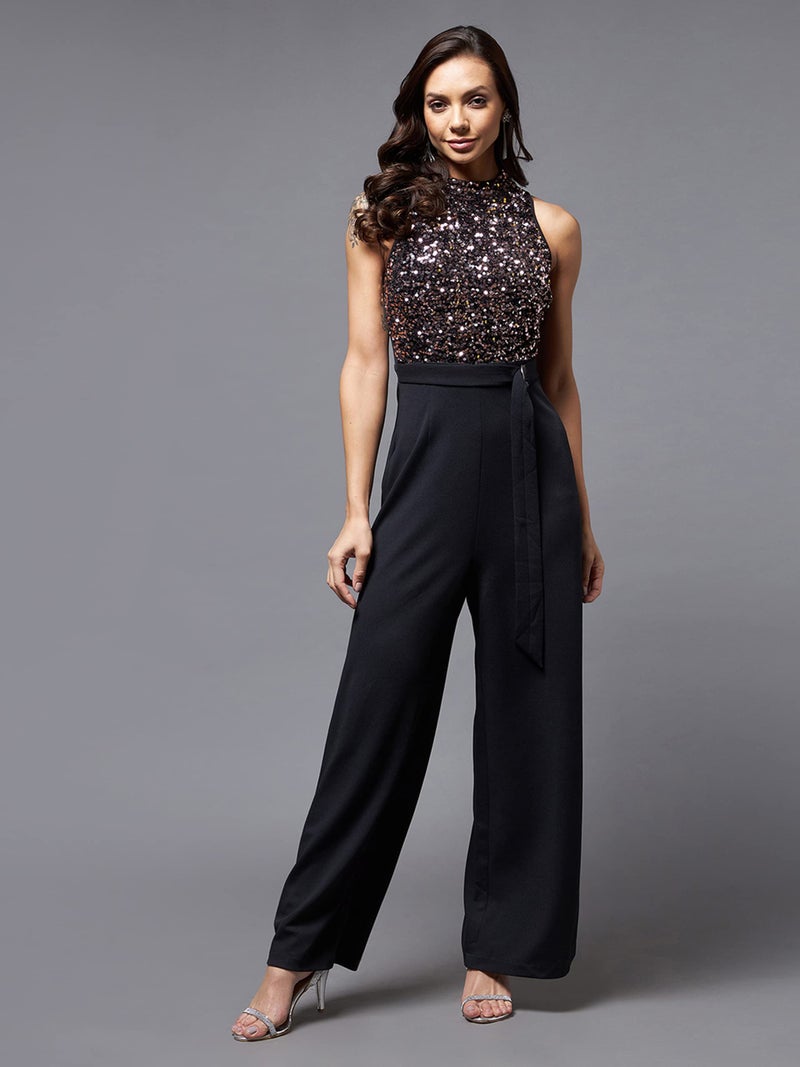 Miss Chase Women's Black And Lavender Embellished Regular Jumpsuit (MCSS22D99-73-245-03, Black And Lavender, S) - Image 2