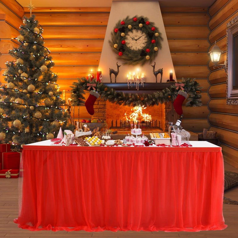 Suppromo 14ft Red Table Skirt Tulle Tutu Table Skirt Ruffle Table Skirting for Graduation Baby Shower Birthday Party Wedding Christmas Decorations(Red L14(ft)*H 30in) - Image 1