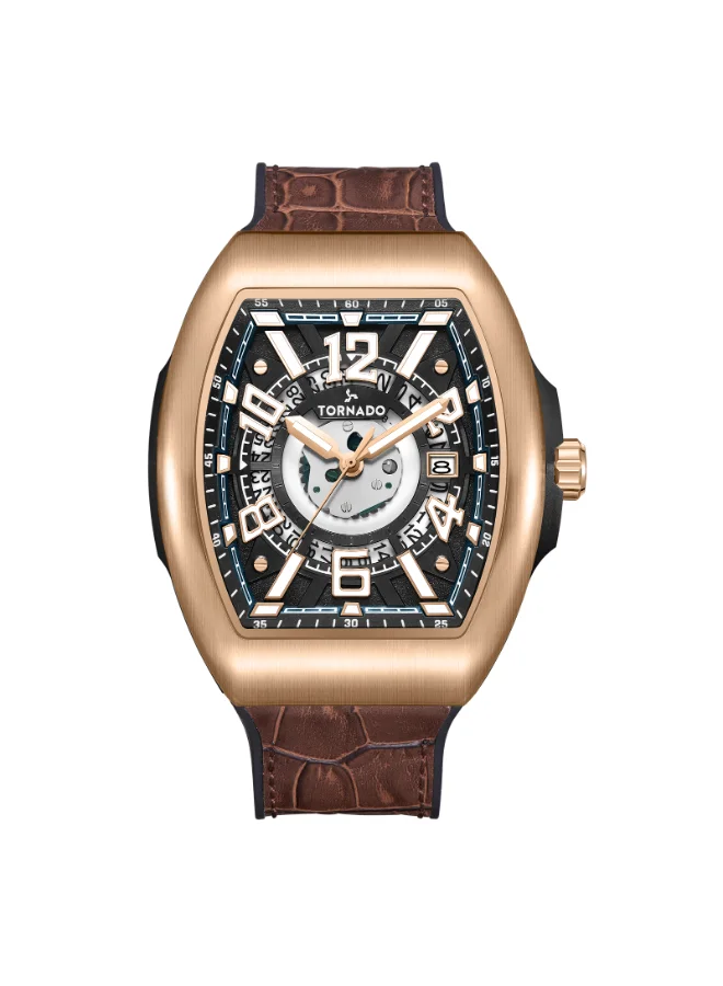 تورنيدو Men's Leather-rubber fusion straps (genuine leather on top, rubber underside) Analog Watch T25301-RLDB - 44 mm