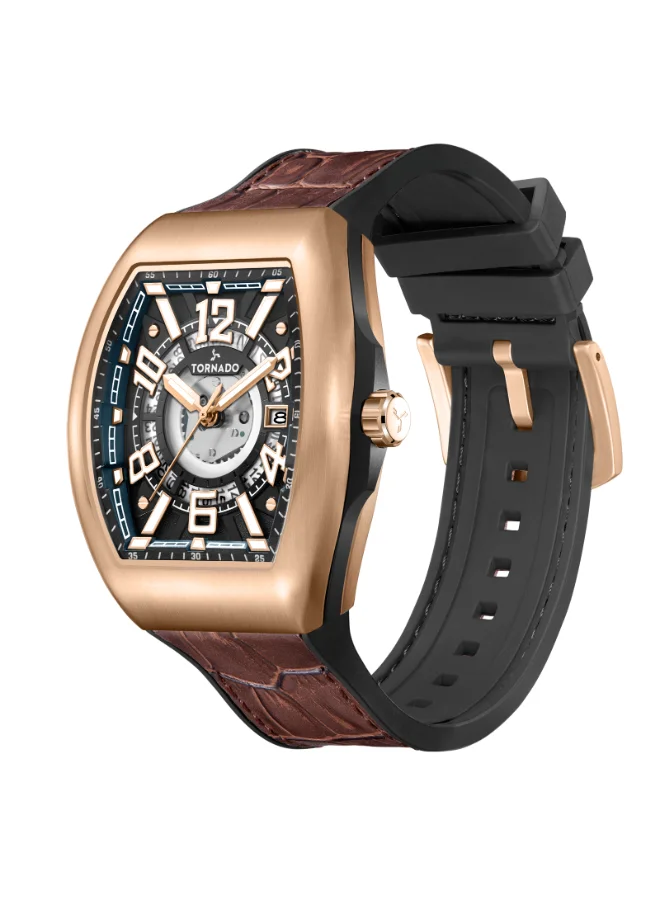تورنيدو Men's Leather-rubber fusion straps (genuine leather on top, rubber underside) Analog Watch T25301-RLDB - 44 mm