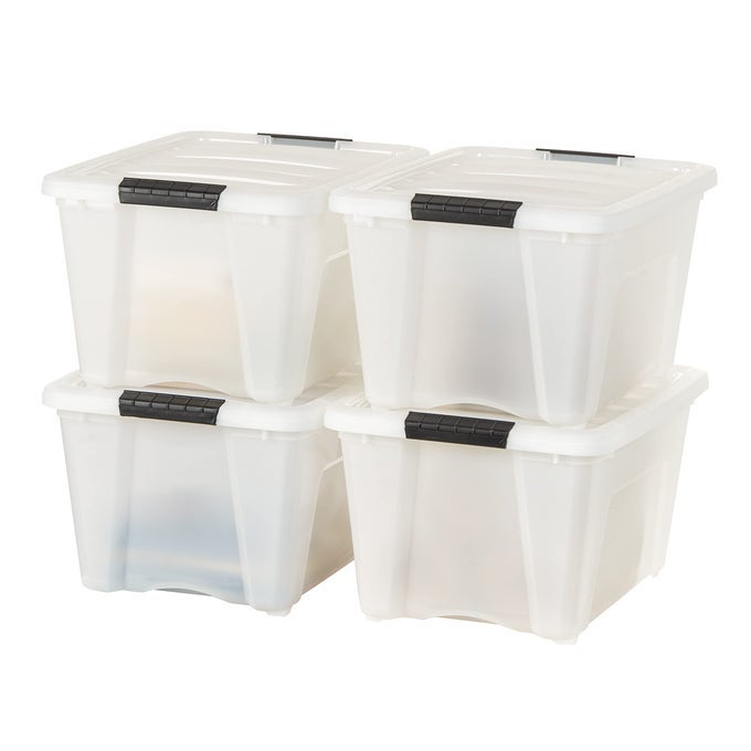 USA 32 QT STACKABLE PLASTIC STORAGE BINS WITH LIDS 4 PACK BPAFREE MADE IN USA DISCREET ORGANIZING SOLUTION LATCHES DURABLE NESTABLE CONTAINERS SECURE PULL HANDLE PEARL