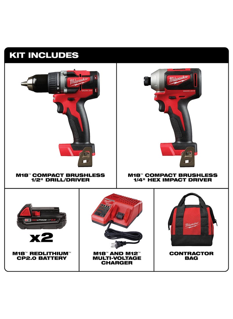 Milwaukee Milwaukee 2892-22CT M18 Compact Brushless 2-Tool Combo Kit, Drill Driver/Impact Driver  - Image 2