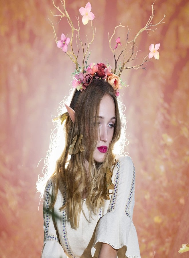 FRESHME Renaissance Elf Ears with Antlers Headbands - Forest Reindeer Flower Crown Pink Branches Tree Tiara and Fairy Pointy Ears for Women s Halloween Renfaire Fantasy Masquerade Cosplay Costume - Image 2