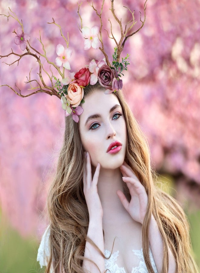 FRESHME Renaissance Elf Ears with Antlers Headbands - Forest Reindeer Flower Crown Pink Branches Tree Tiara and Fairy Pointy Ears for Women s Halloween Renfaire Fantasy Masquerade Cosplay Costume - Image 4