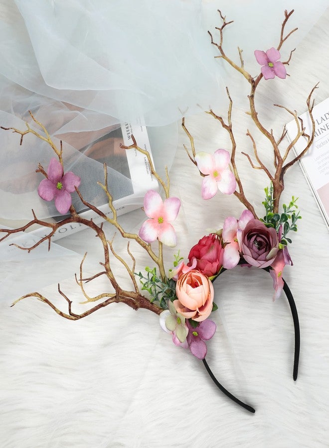 FRESHME Renaissance Elf Ears with Antlers Headbands - Forest Reindeer Flower Crown Pink Branches Tree Tiara and Fairy Pointy Ears for Women s Halloween Renfaire Fantasy Masquerade Cosplay Costume - Image 5