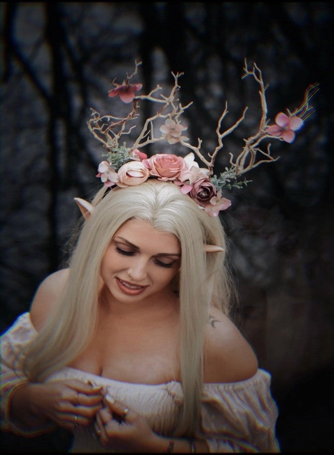 FRESHME Renaissance Elf Ears with Antlers Headbands - Forest Reindeer Flower Crown Pink Branches Tree Tiara and Fairy Pointy Ears for Women s Halloween Renfaire Fantasy Masquerade Cosplay Costume - Image 3