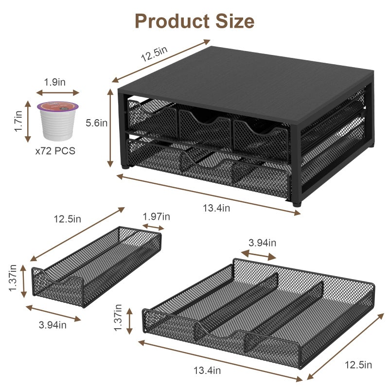 NEYCIL Coffee Pod Holder For Counter, 3 Pull-Out 72 K-Cup Holder Drawer, Wooden Cafe Pods Storage Organizer with Sliding Drawers for Coffee Station, Home, Kitchen, Office, Dorm (Black) - Image 3